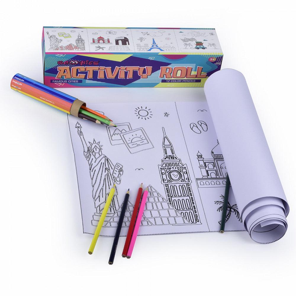 Activity Roll - Yankee  | Include 12 Coloured Pencils  | 6 Feet Long |  9 Famous Cities Sketches - Scoobies