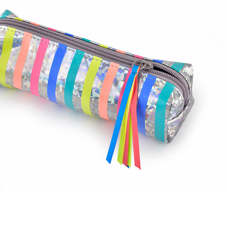 Stripe Love Pencil Pouch | With Ribbon Zip Puller| Holographic Shiny Print |  Multi-Utility Pouch