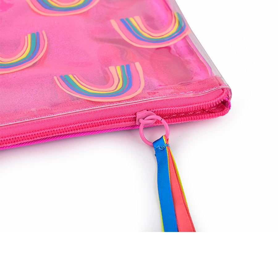 Rainbow Pencil Case Cum Multi-Use Pouch | With Ribbon Zipper | Beautiful  Rainbow Transparent Front | Holographic Shiny Print