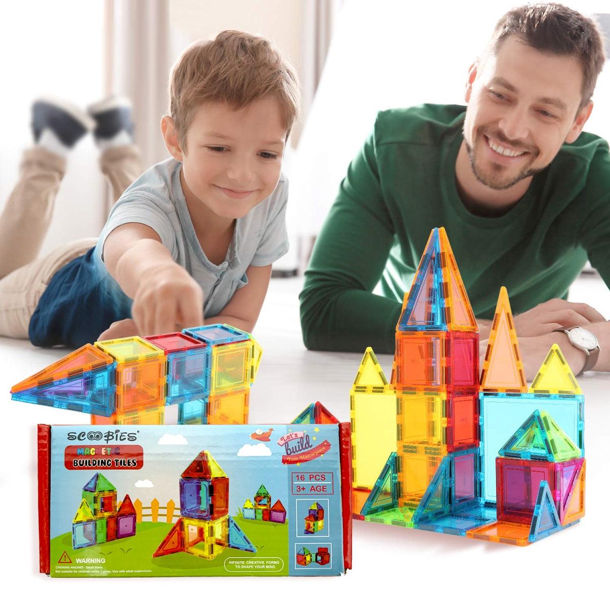 Magnetic Tiles | 16 Coloured Pieces | DIY Stack, Construction & Creative Learning| Play & Learn Set - Scoobies