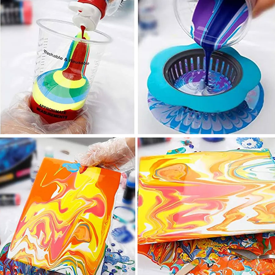 Pouring Paint  | 4 Acrylic Colours  | With Canvas  | Multi-Surface Compatible  | Fluid Art Essentials  | Ready to Use Kit   | Artist DIY Box