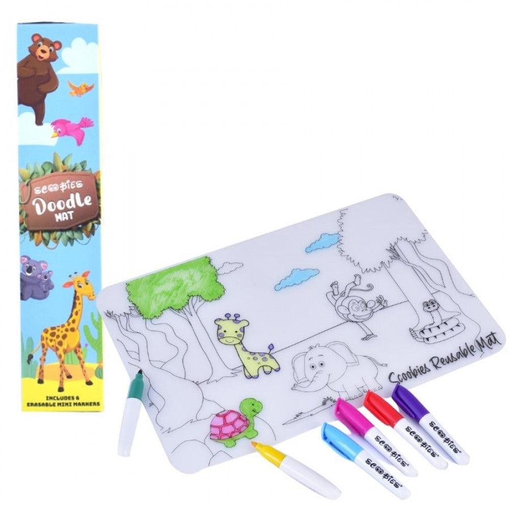Doodle Mat (Animal Design) | Travel-Friendly | BPA Free Prime Silicone Quality | Dine N Mess-Free Placemat | With 6 Dry-Erase & Washable Markers | Kids Activity Kit - Scoobies