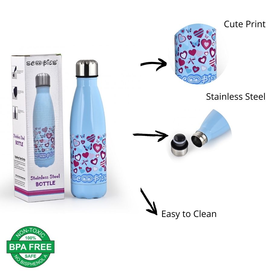 Stainless Steel  Bottle For Girls | Insulated |  Rust Free |  Heart Love Design |  500 Ml
