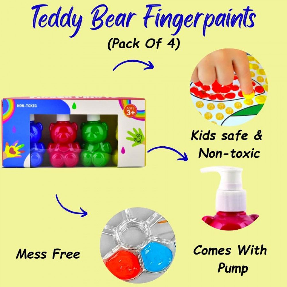 Teddy Bear Finger Paints | Cutesy Teddy Bear Shape | Pack of 4  With Dispenser | Non-Toxic Organic Paint | DIY Art & Craft Joy Kit