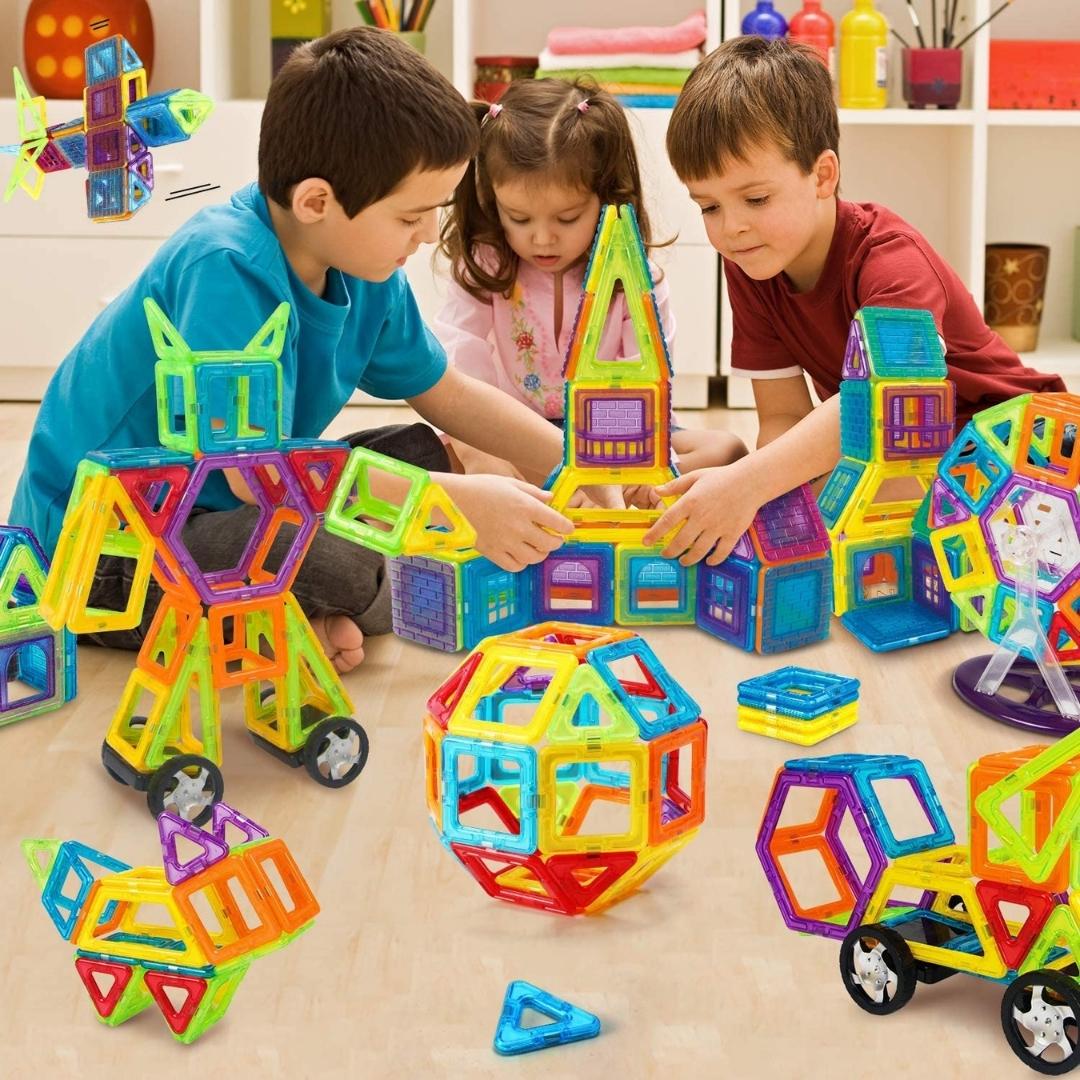 Scoo Magnetic Blocks |  | 3D Educational DIY Construction Set | 20 Piece Set | With 2 Wheel Carts | STEM Learning Kit