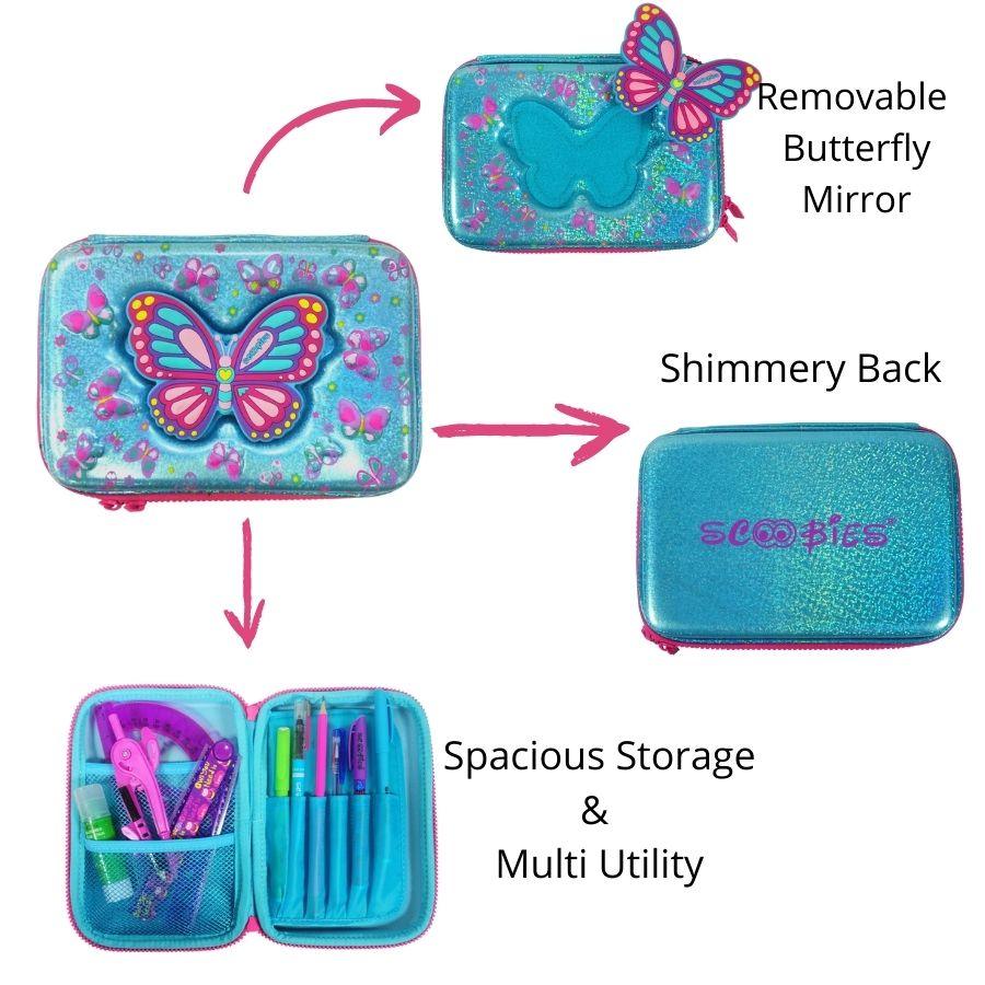 Butterfly Pencil Case | With Detachable Mirror | Multipurpose Pouch | Dazzling Colours - Scoobies