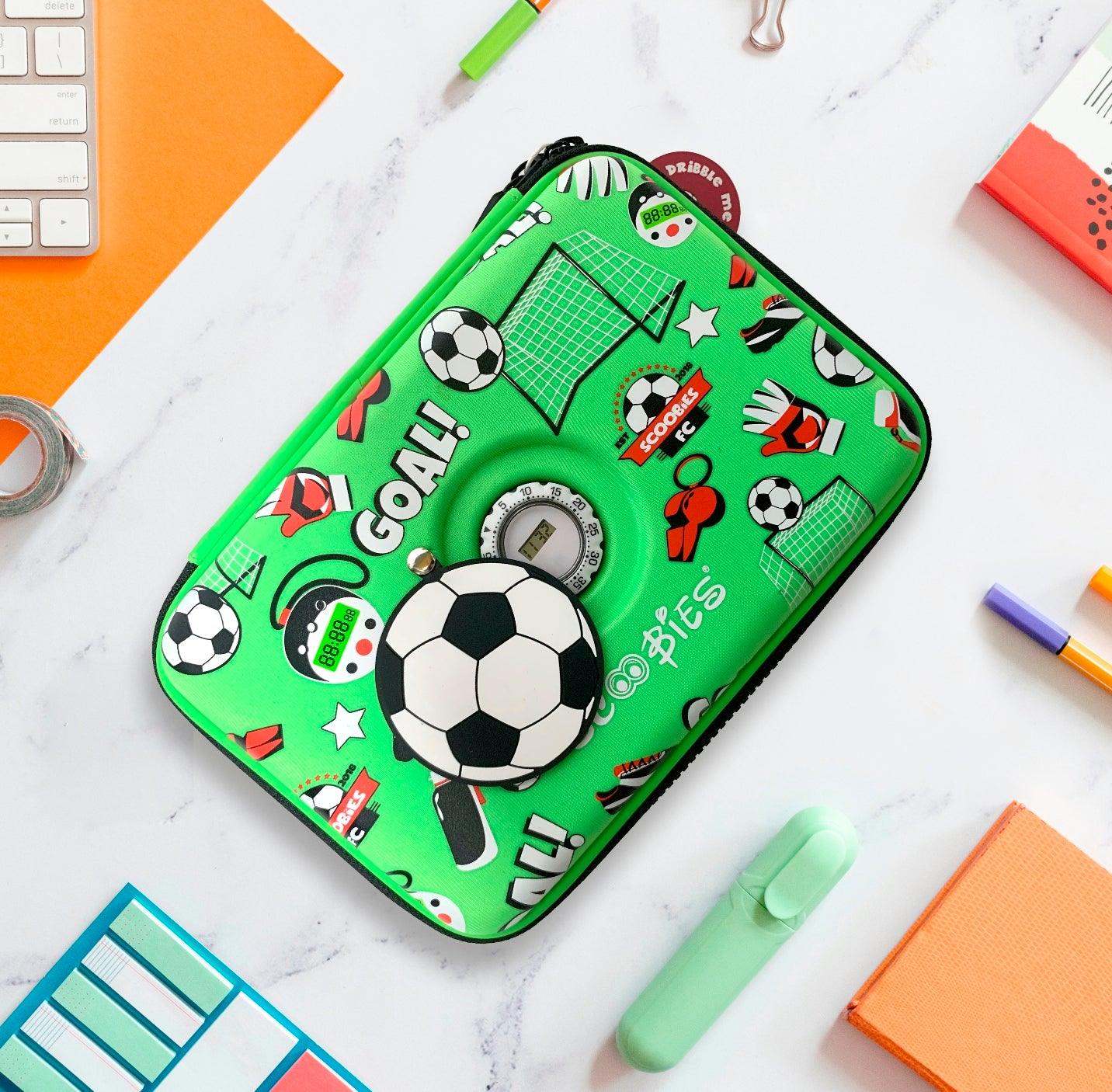 Footie In Scoobies Time Pencil Case  |  In-built Watch  |  Sporty Green Design - Scoobies