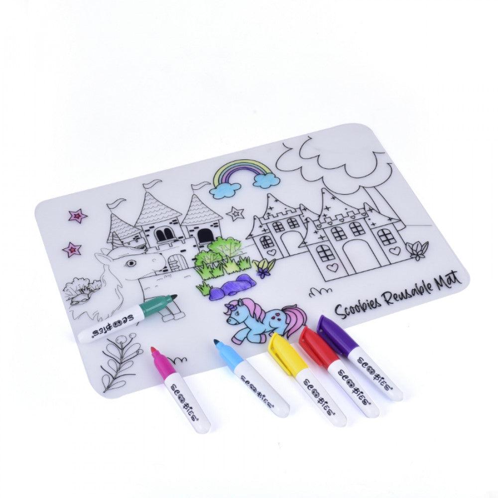 Doodle Mat (Unicorn Design) | Travel-Friendly | BPA Free Prime Silicone Quality | Dine N Mess-Free Placemat | With 6 Dry-Erase & Washable Markers | Kids Activity Kit - Scoobies