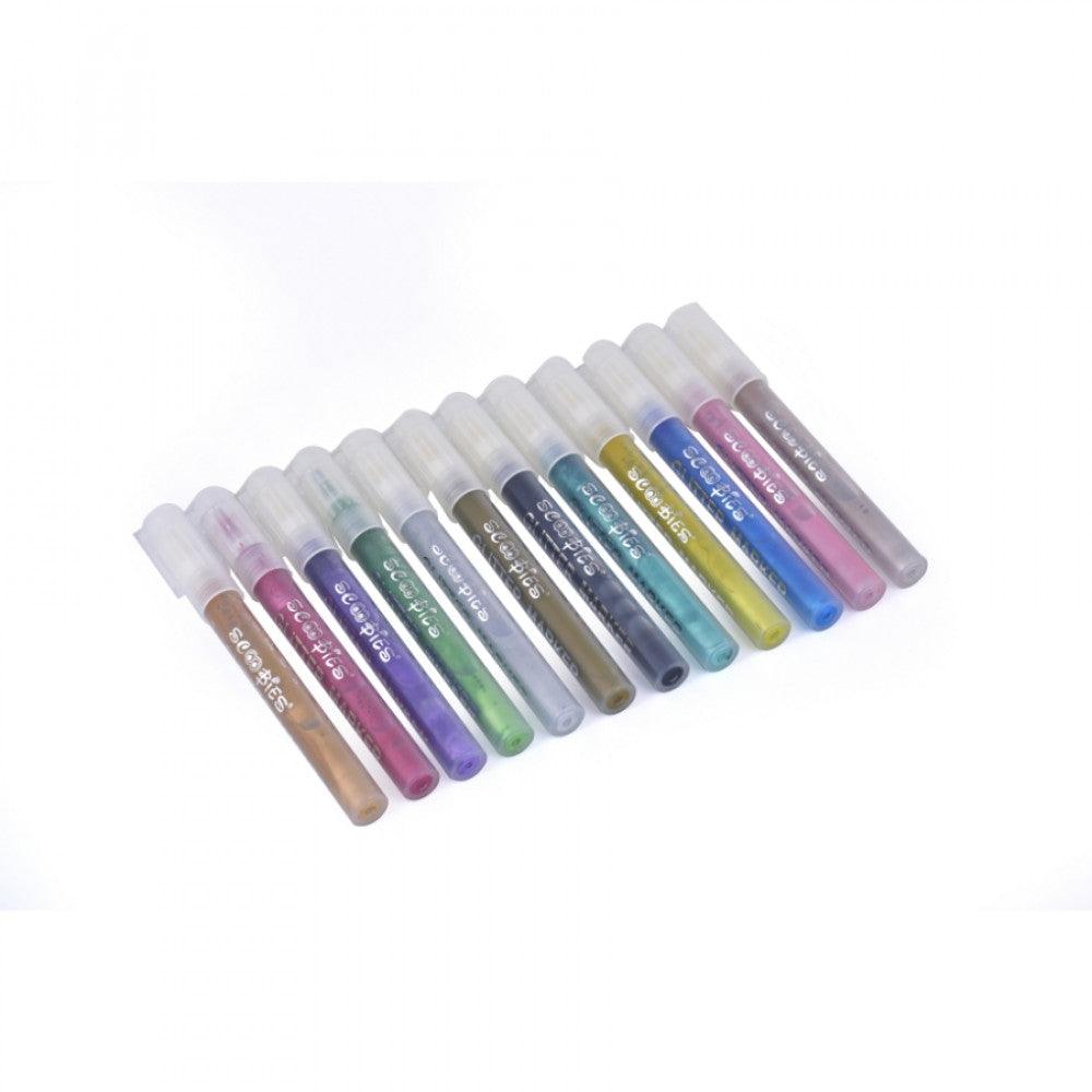 Glitter Acrylic Markers | Pack of 12 Shades | Smooth Dual-Tip Permanent Markers  | Multi-Surface Compatible |  Shimmery Glossy Finish  |  Mess-Free Craft - Scoobies