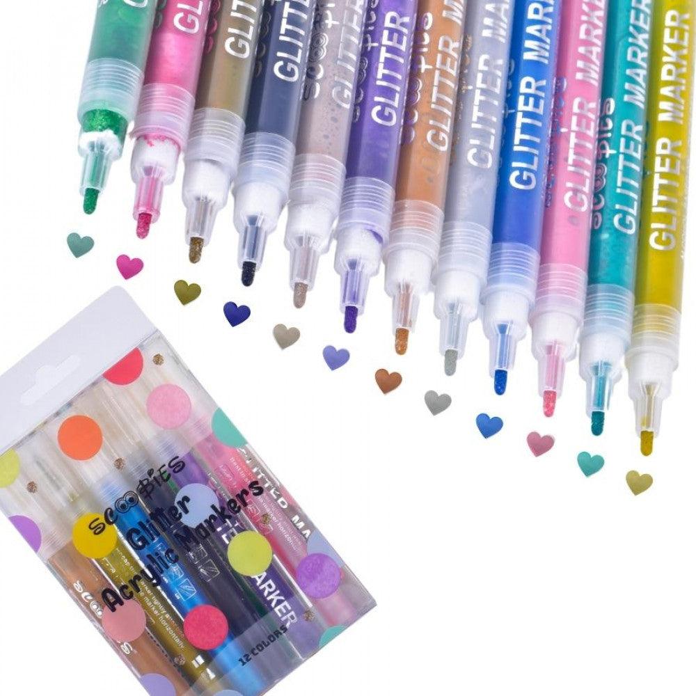 Glitter Acrylic Markers | Pack of 12 Shades | Smooth Dual-Tip Permanent Markers  | Multi-Surface Compatible |  Shimmery Glossy Finish  |  Mess-Free Craft - Scoobies