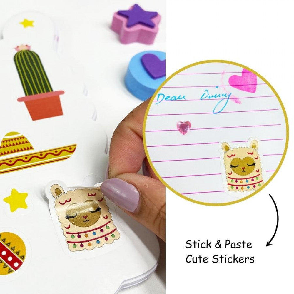 Loving Llama Gift Set |  With Attached Hangable Pen |  Cool Stickers |  Glitter Beads |  Cutesy Stamps |  Ideal Return Gift