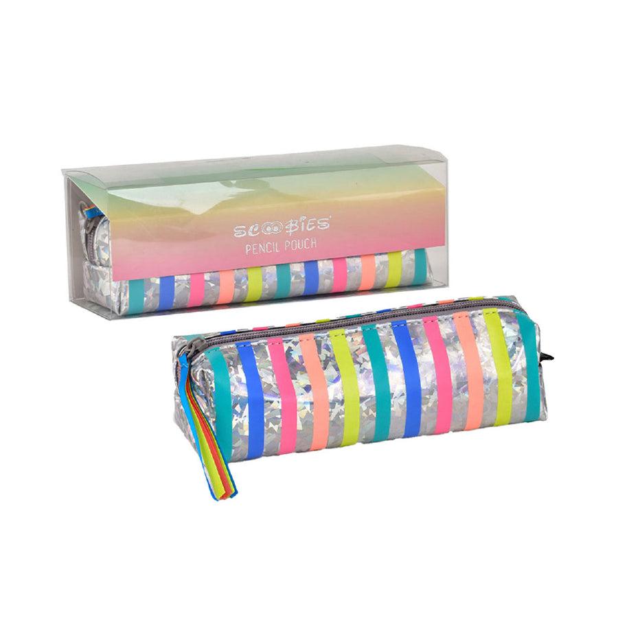 Stripe Love Pencil Pouch | With Ribbon Zip Puller| Holographic Shiny Print |  Multi-Utility Pouch