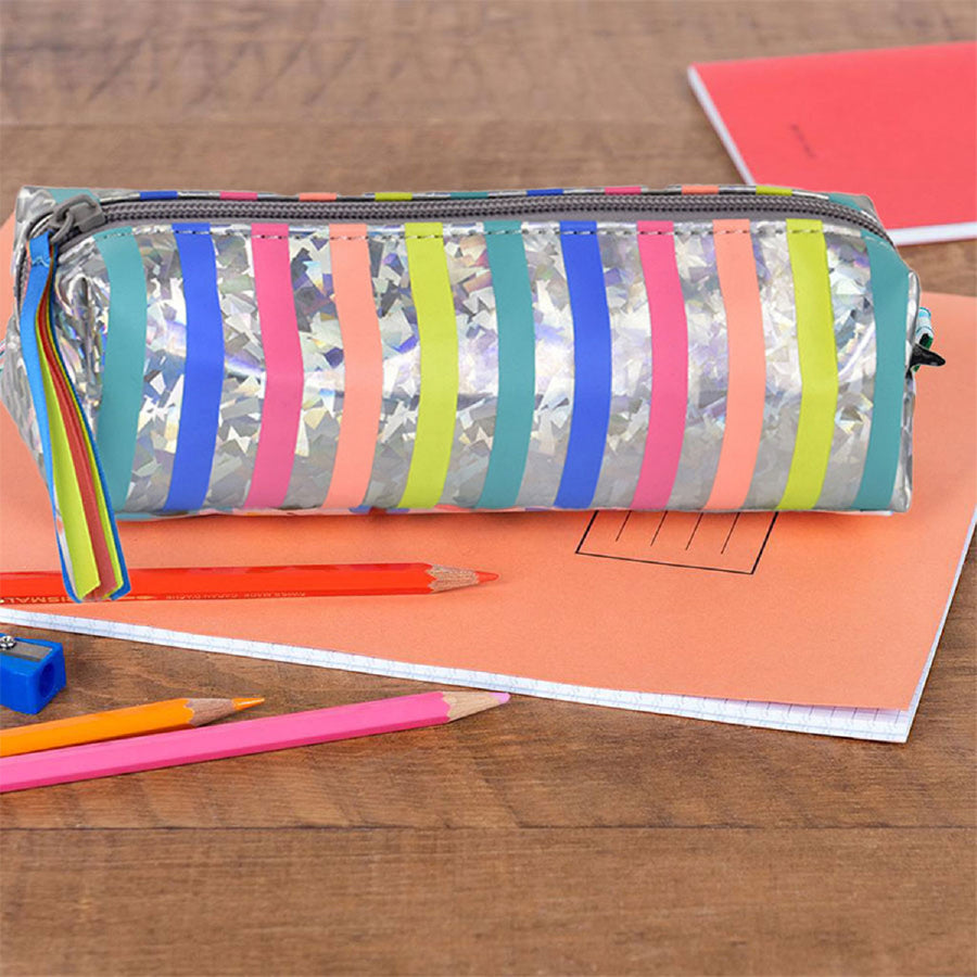 Stripe Love Pencil Pouch | With Ribbon Zip Puller| Holographic Shiny Print |  Multi-Utility Pouch