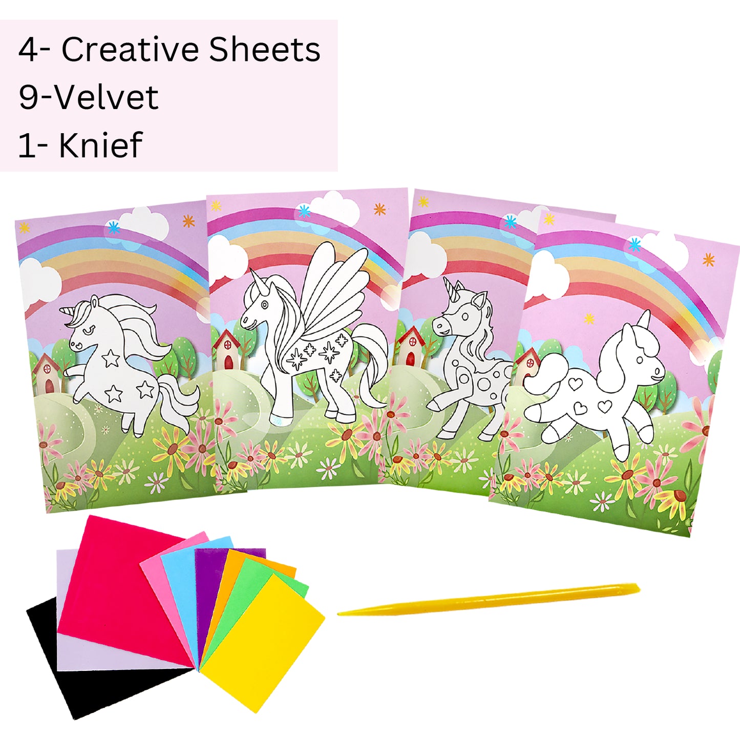 Velvet Art Book - New Edition (Unicorn World) | 4 Design Cards | 15 Piece Set | Embossed 3D Craft