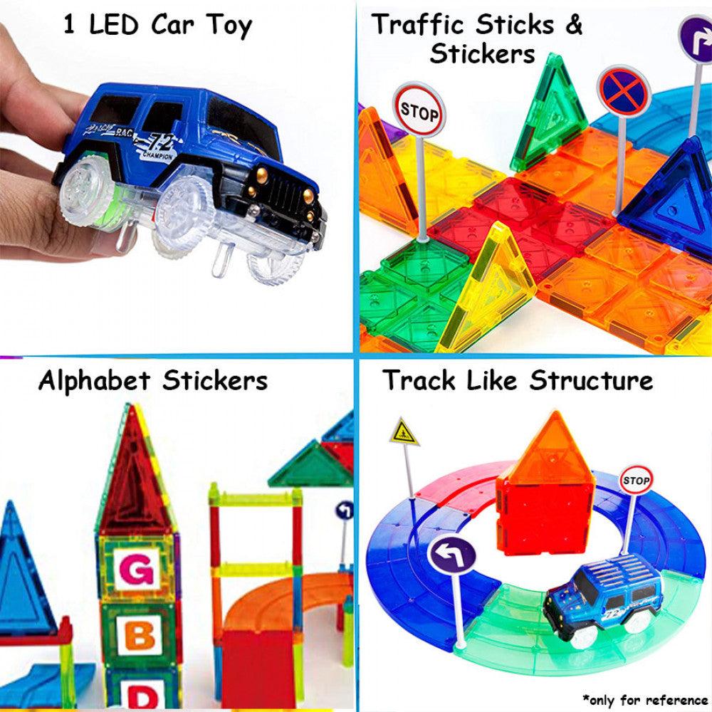 Magnetic Racing Track | 126 Pieces | Alphabet Stickers | Street & Traffic Sign Stickers & Sticks Set | 1 LED Car| STEM Learning Set | Engineering & Creative Learning Box - Scoobies