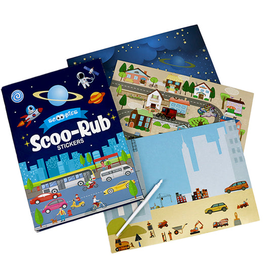 Scoo-Rub Stickers (Blue)  | Transfer Sticker Set | With Stylus |  My Starry World | My City & Roads  | My Buildings & Monuments  | 100+ Stickers | DIY Sticker Activities | Artistic Mini Box