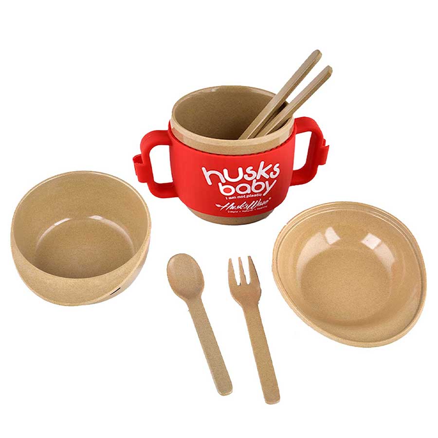 Toddler Set - Mini Husk   |  With Child-safe Silicone Grip and Spoon & Folk  |    Eco-Friendly Rice Husk Biodegradable Quality