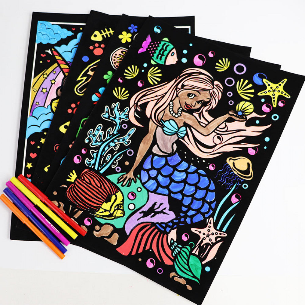 Velvet Art Book | Fantasy Theme | Set of 4 Velvet Cards | With 6 Fibre Pens  |    A4 Poster Size | Embossed 3D Craft