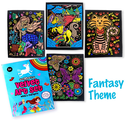 Velvet Art Book | Fantasy Theme | Set of 4 Velvet Cards | With 6 Fibre Pens  |    A4 Poster Size | Embossed 3D Craft